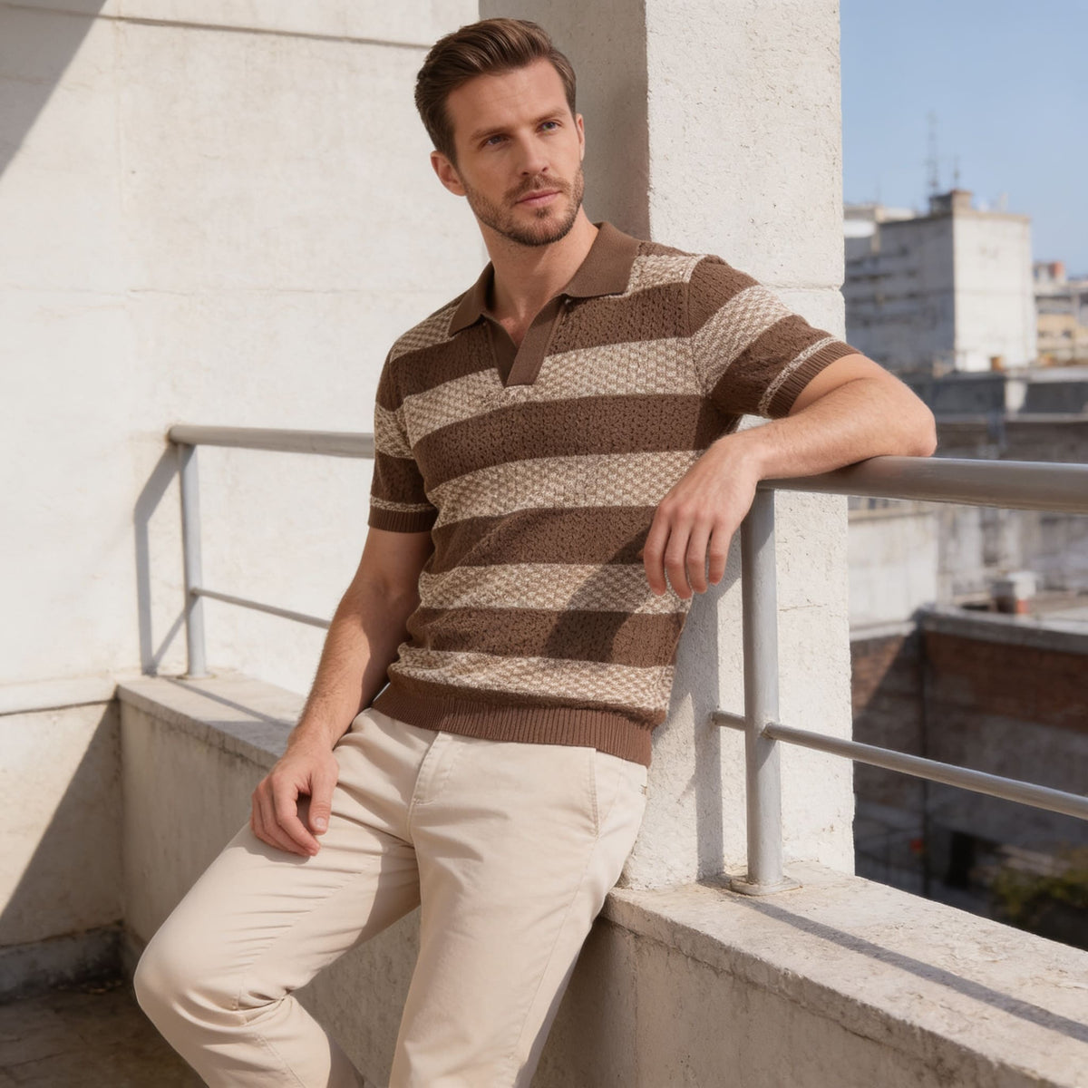 Ledger Striped Open Knit Polo Shirt