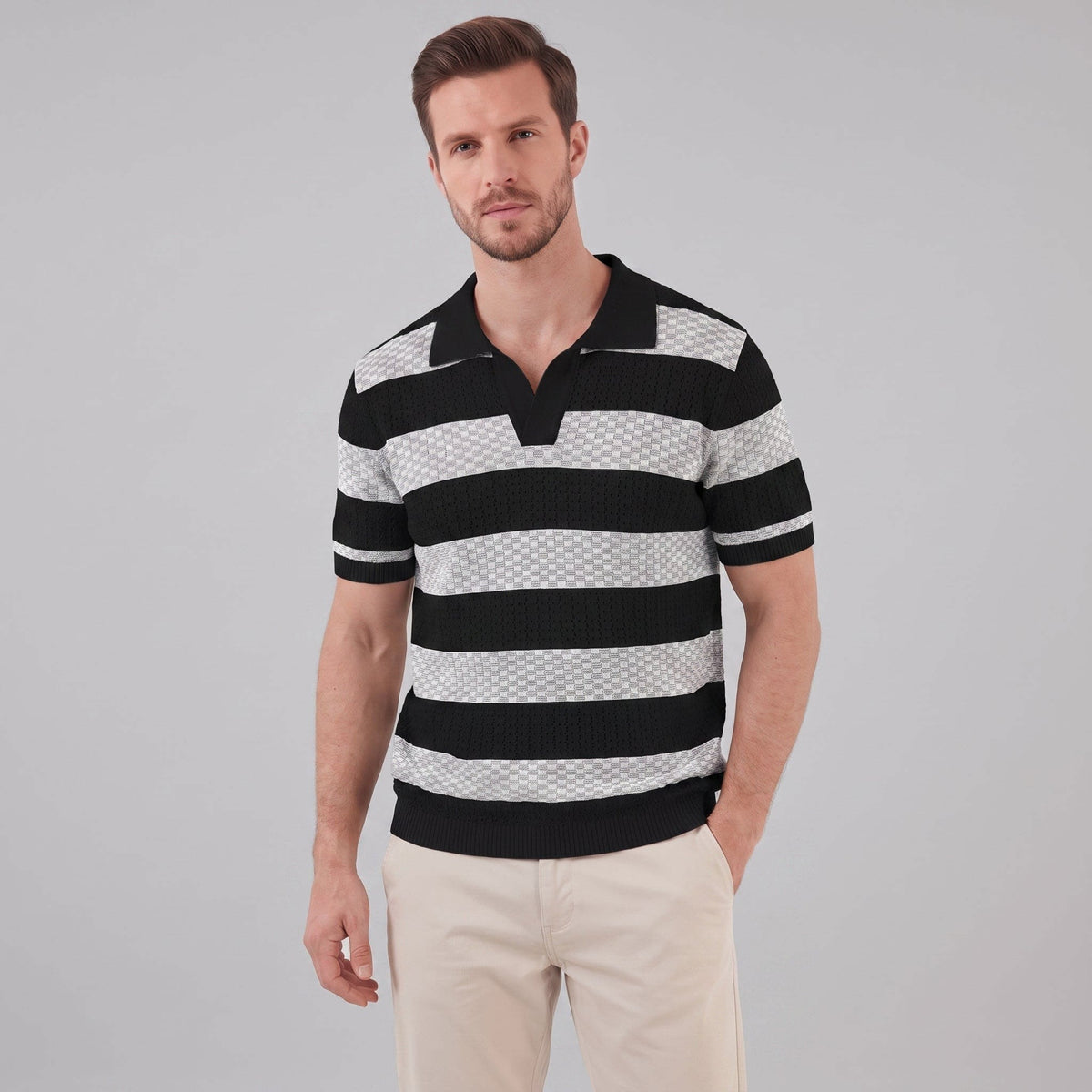 Ledger Striped Open Knit Polo Shirt