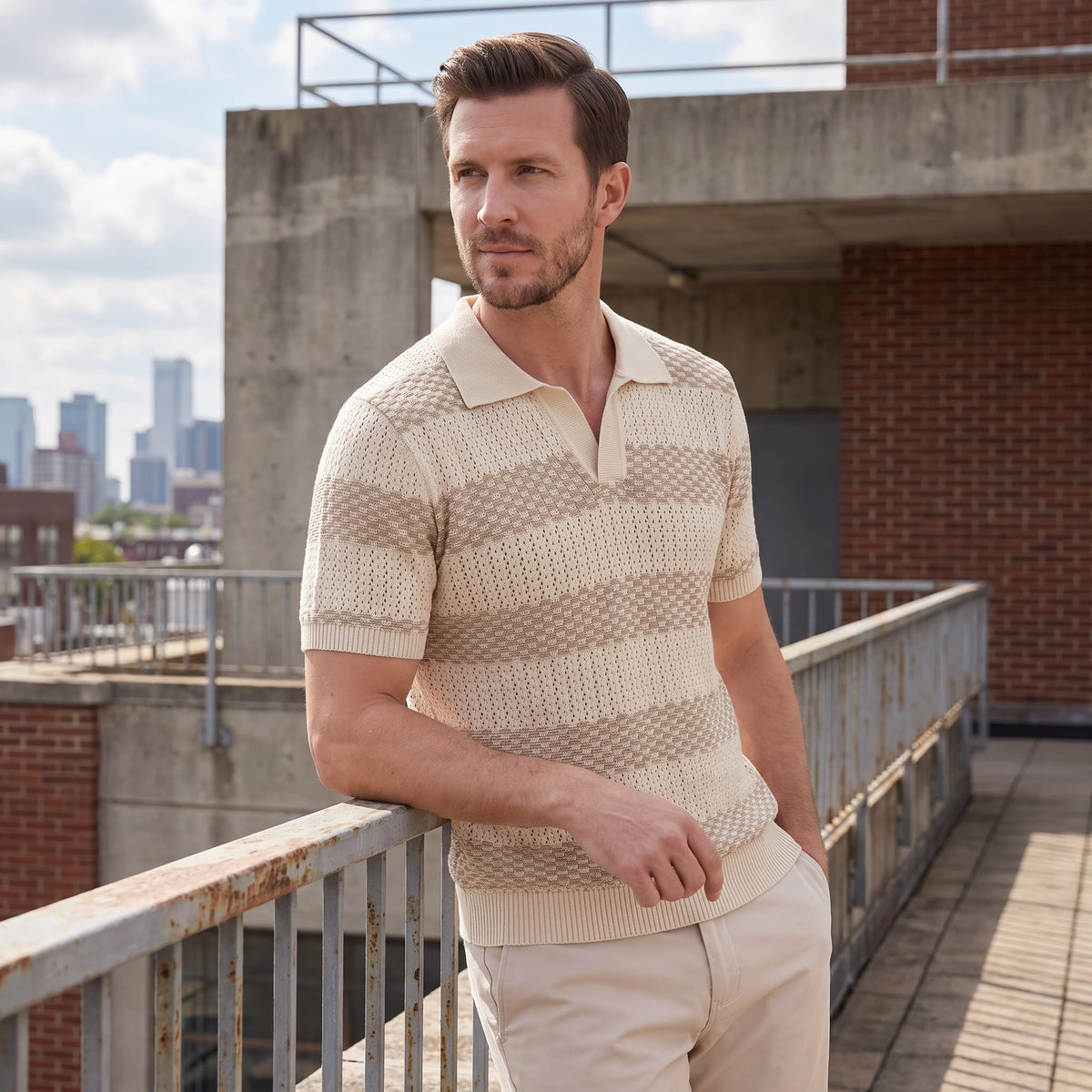 Ledger Striped Open Knit Polo Shirt