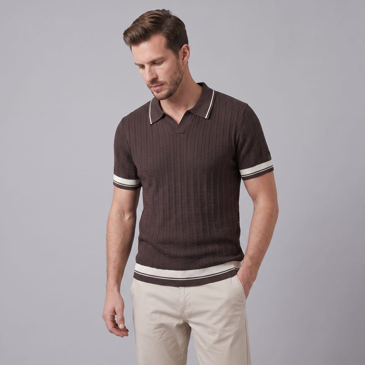 Wyatt Cable Knit Contrast Trim Polo Shirt_13