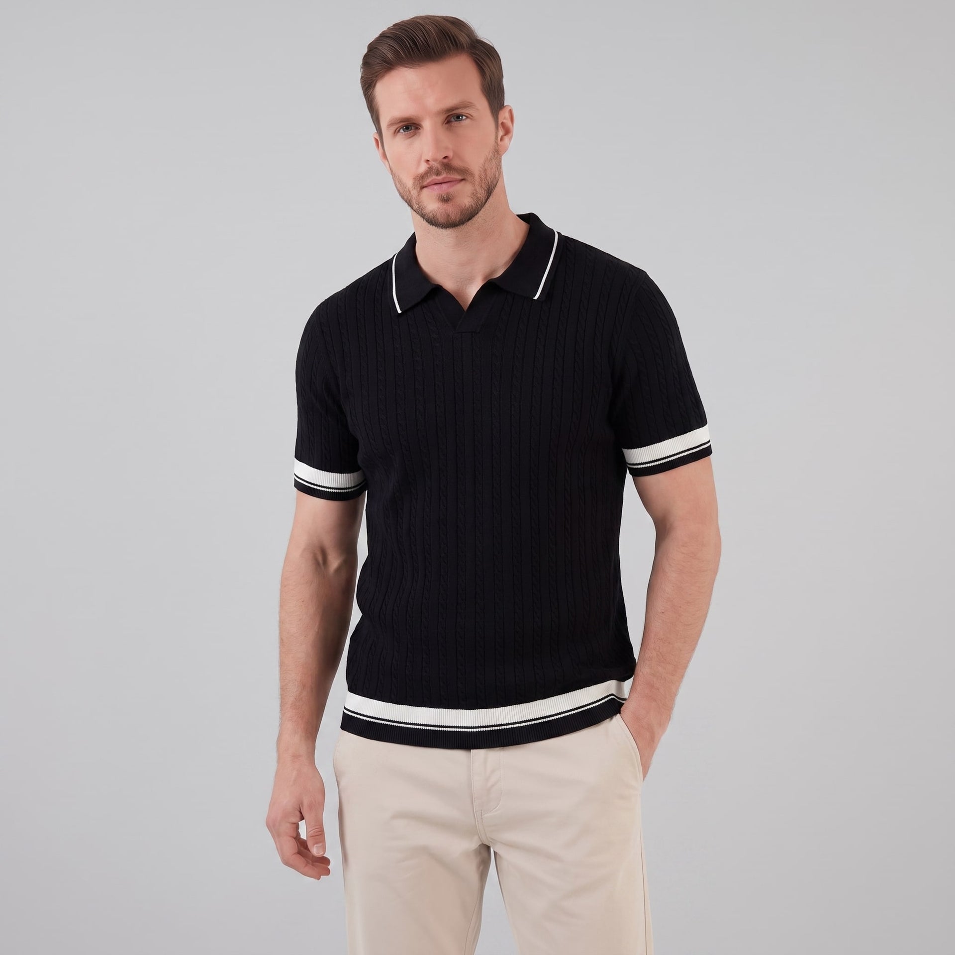 Wyatt Cable Knit Contrast Trim Polo Shirt