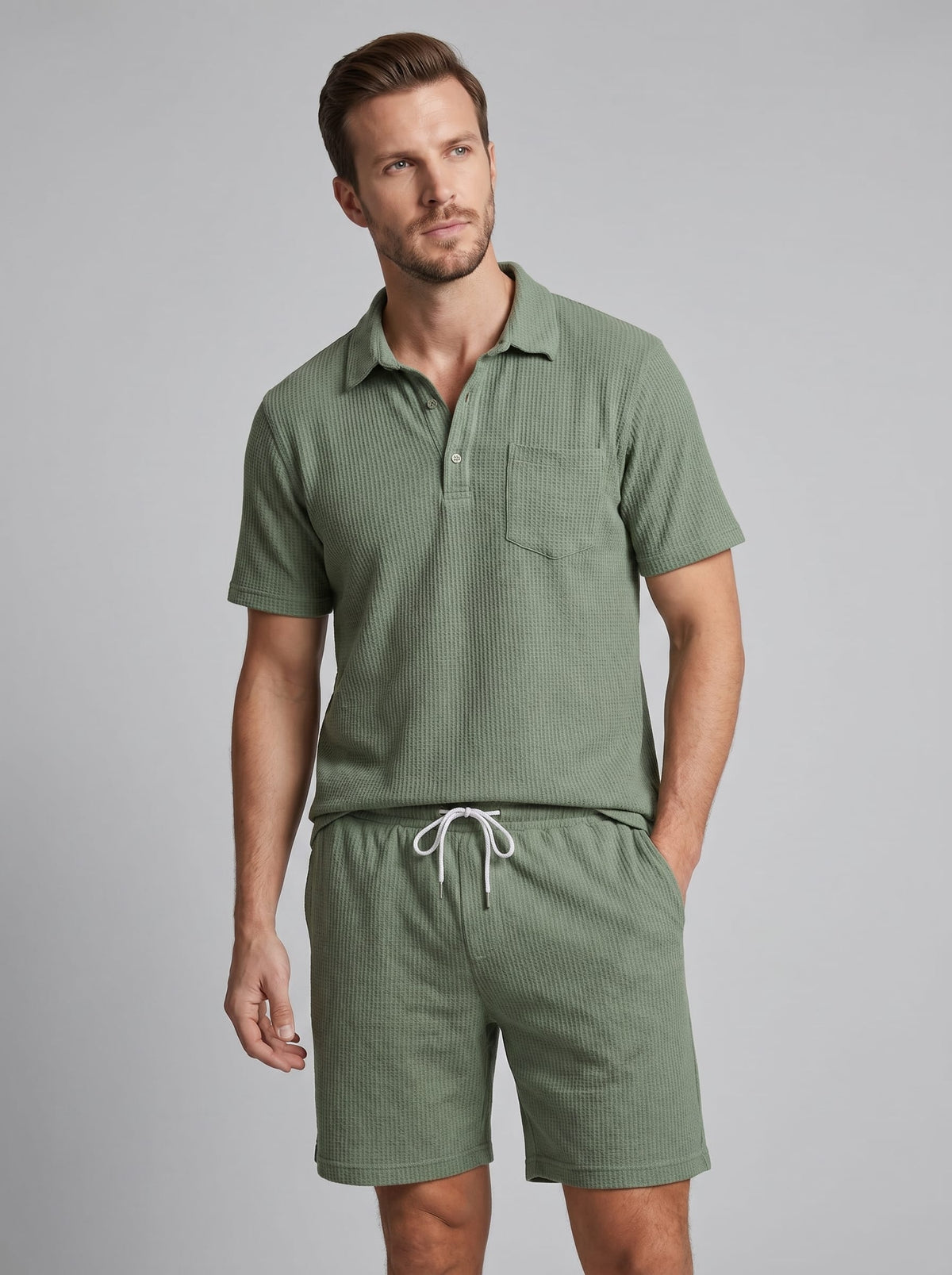 Donovan Textured Knit Polo and Shorts Set_6