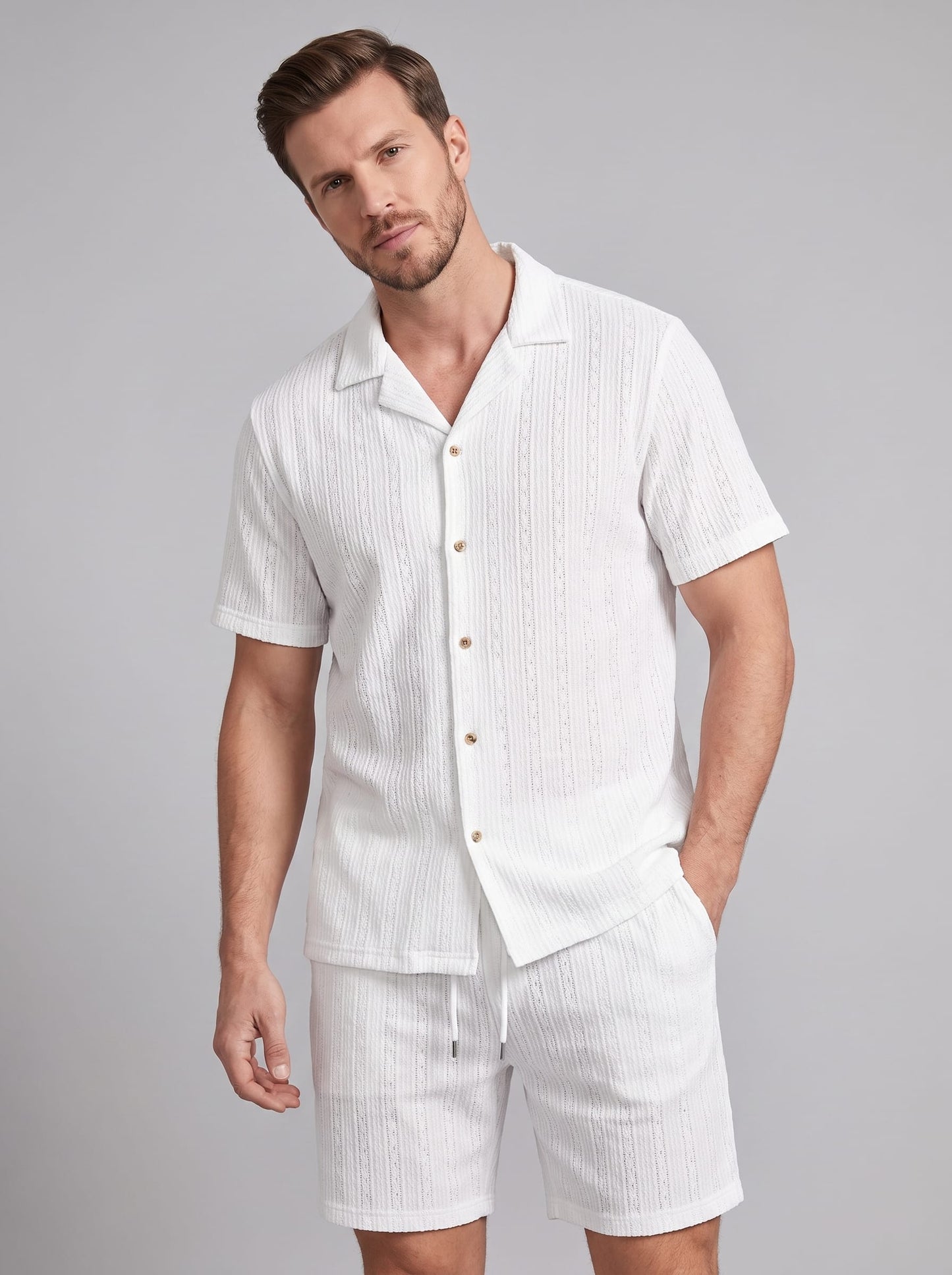 Dustin Open Weave Camp Collar Shirt and Shorts Set_1