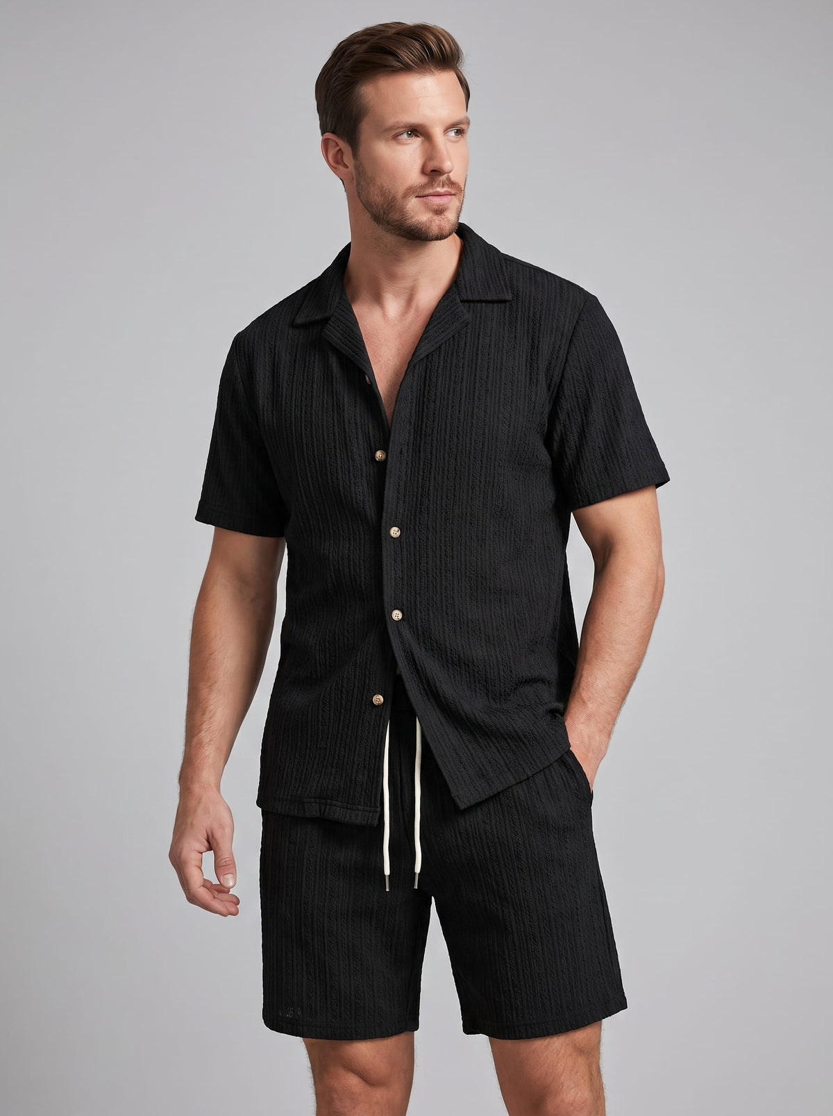 Dustin Open Weave Camp Collar Shirt and Shorts Set_13