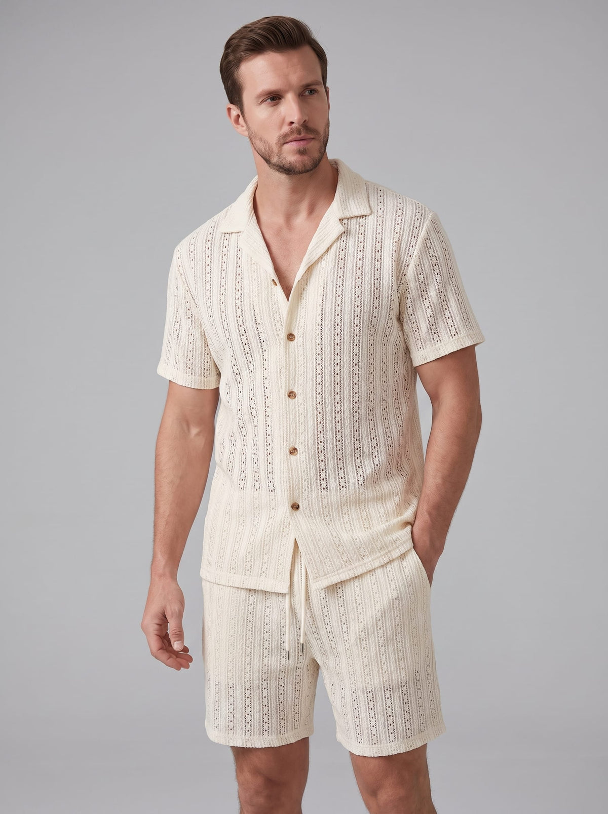 Dustin Open Weave Camp Collar Shirt and Shorts Set
