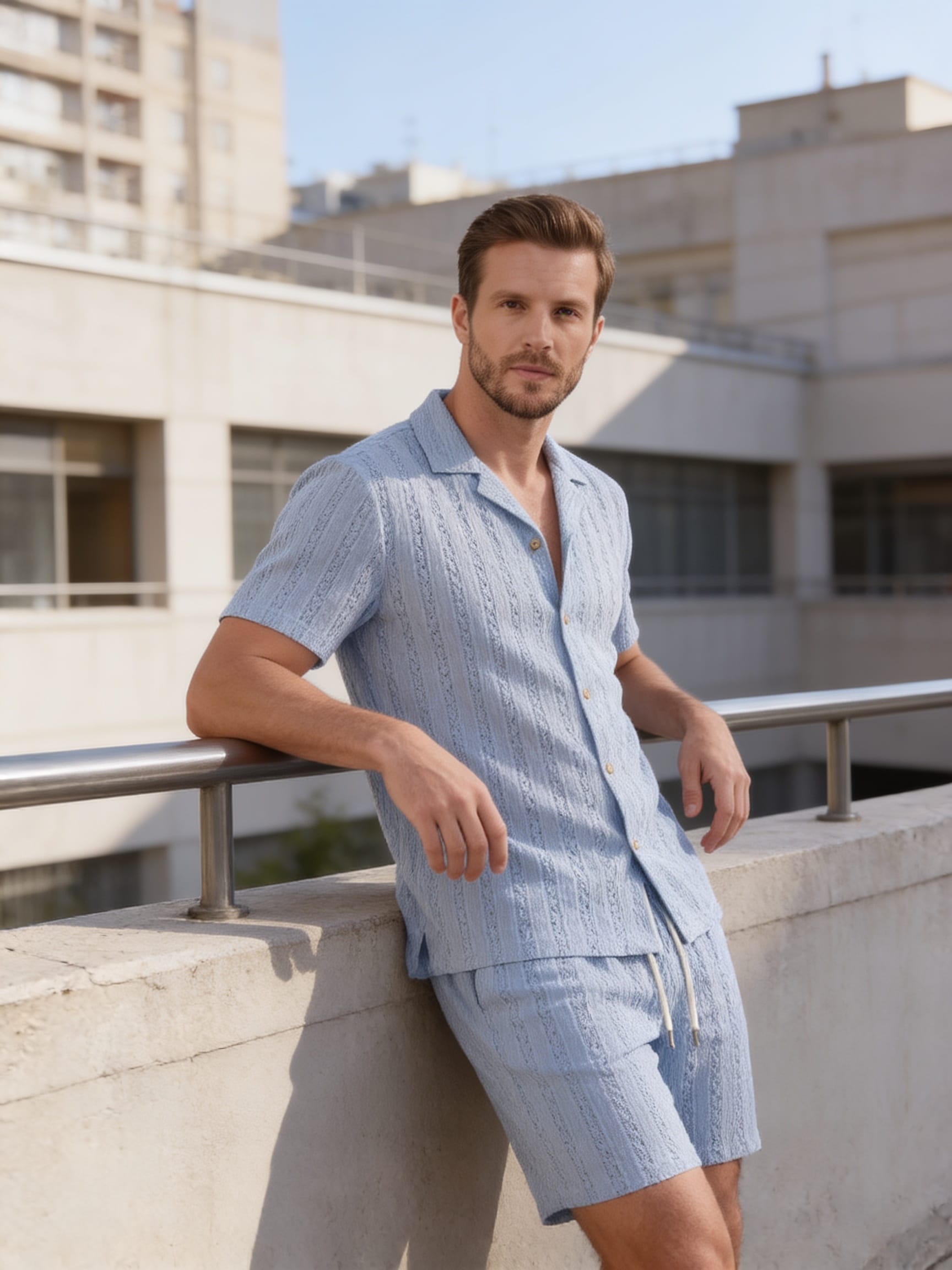 Dustin Open Weave Camp Collar Shirt and Shorts Set