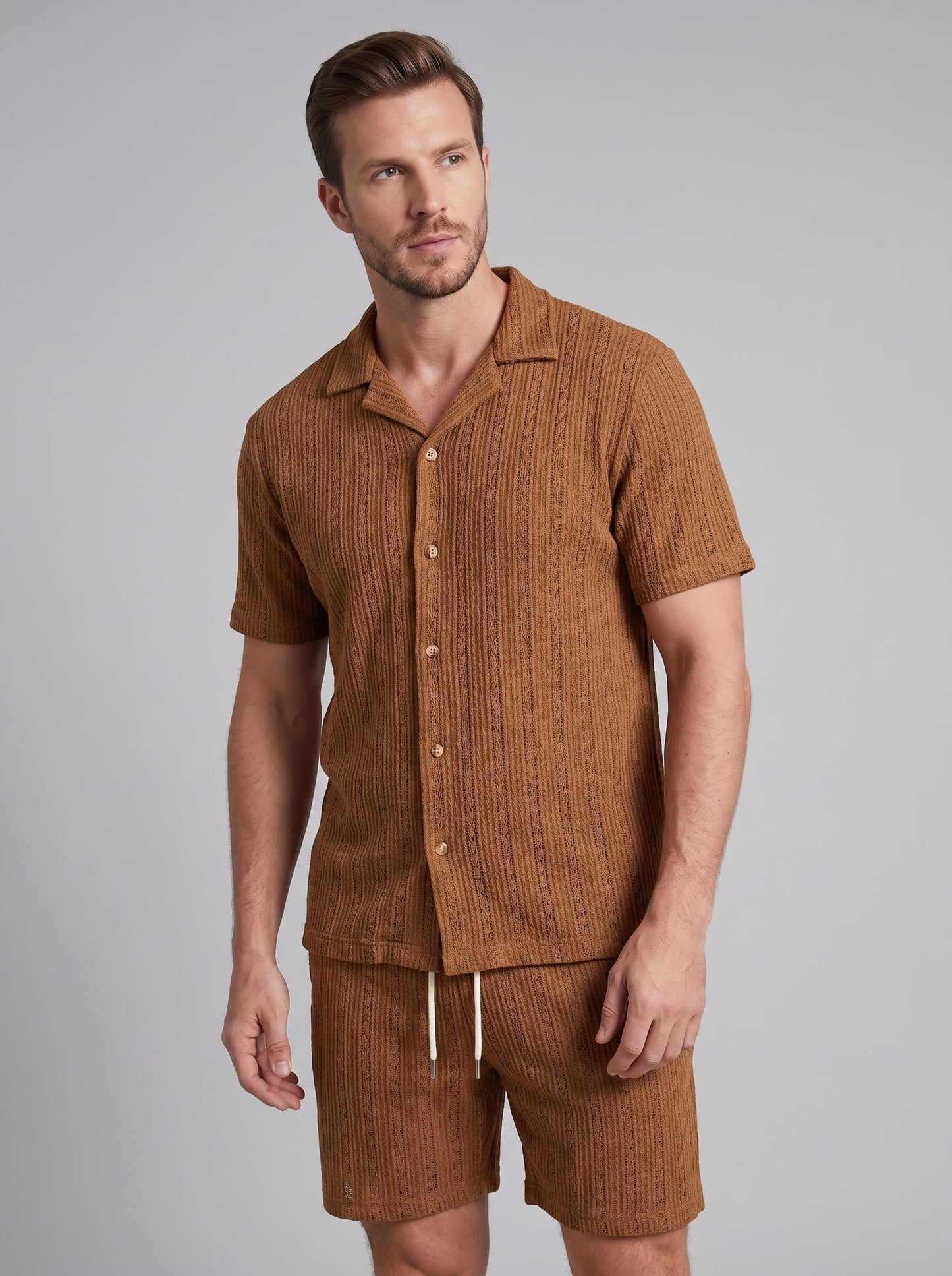 Dustin Open Weave Camp Collar Shirt and Shorts Set_31