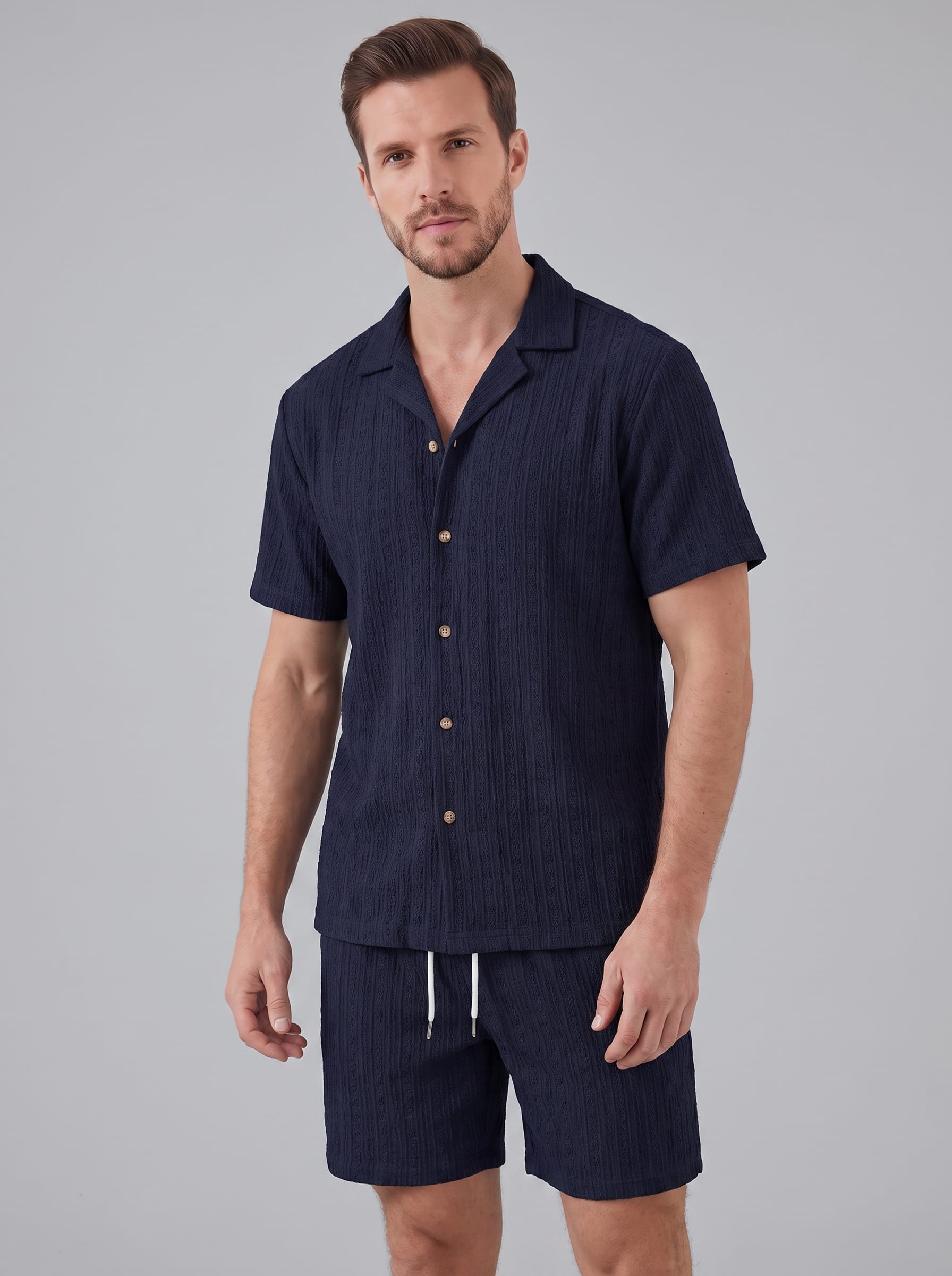 Dustin Open Weave Camp Collar Shirt and Shorts Set