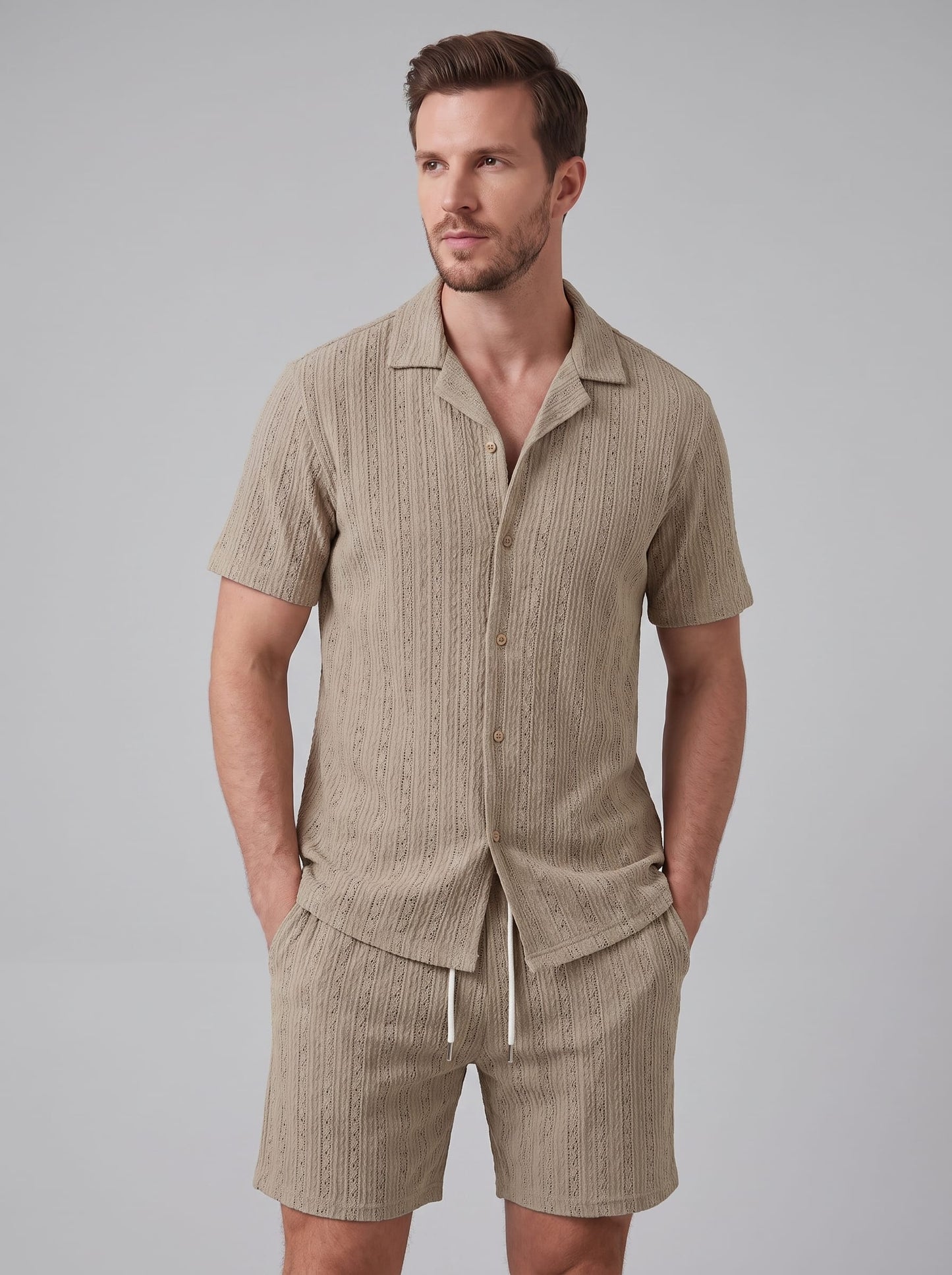 Dustin Open Weave Camp Collar Shirt and Shorts Set_43