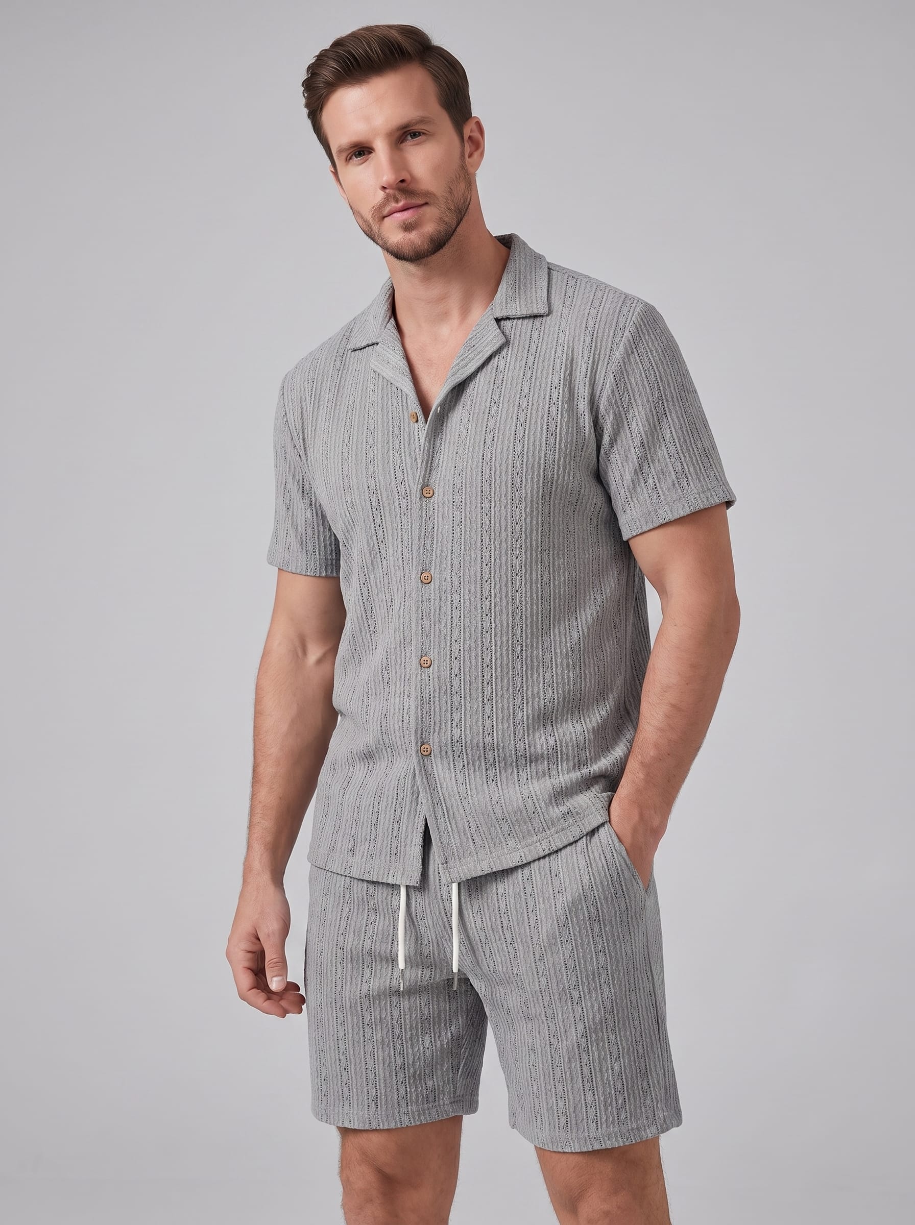 Dustin Open Weave Camp Collar Shirt and Shorts Set