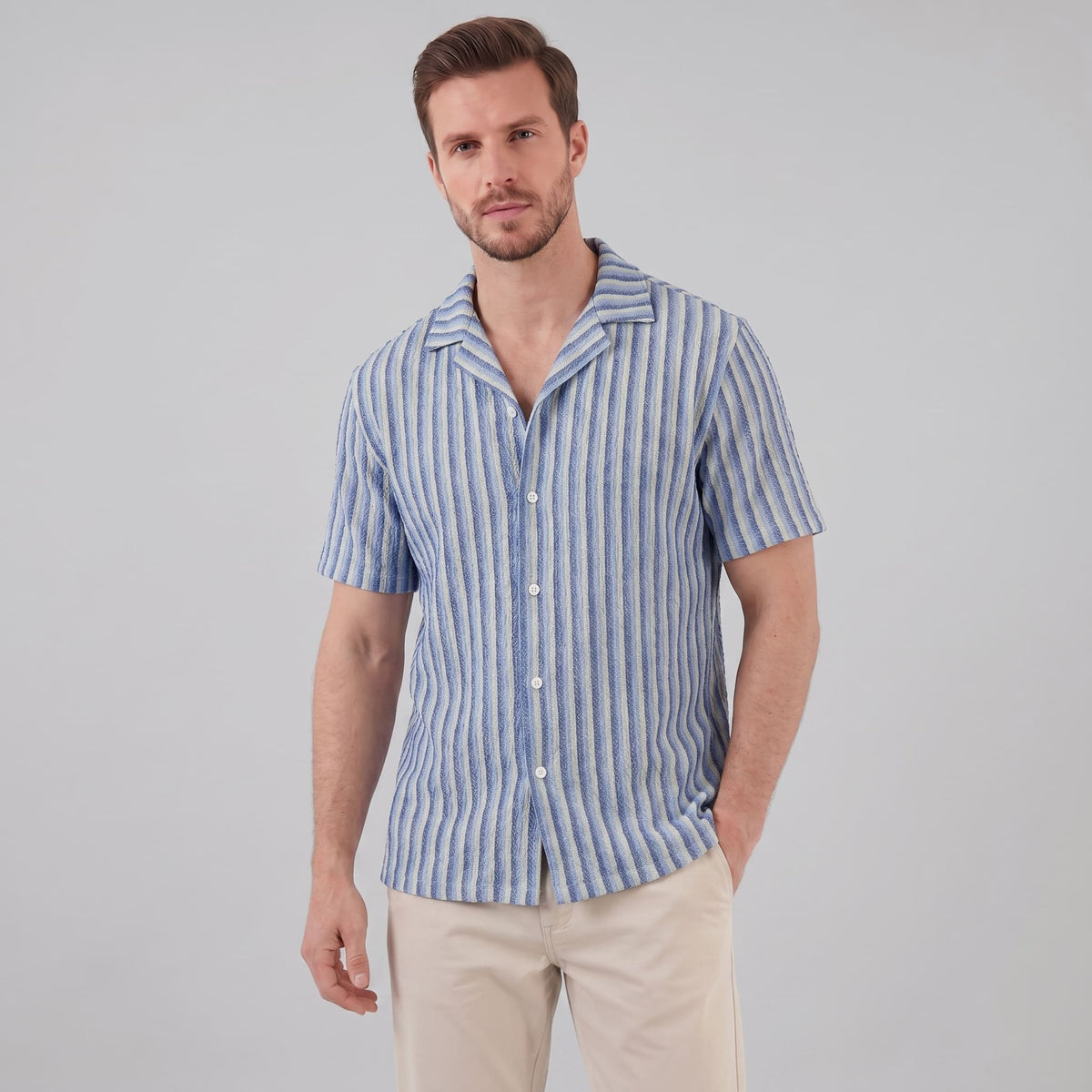 Orion Striped Knit Camp Collar Shirt
