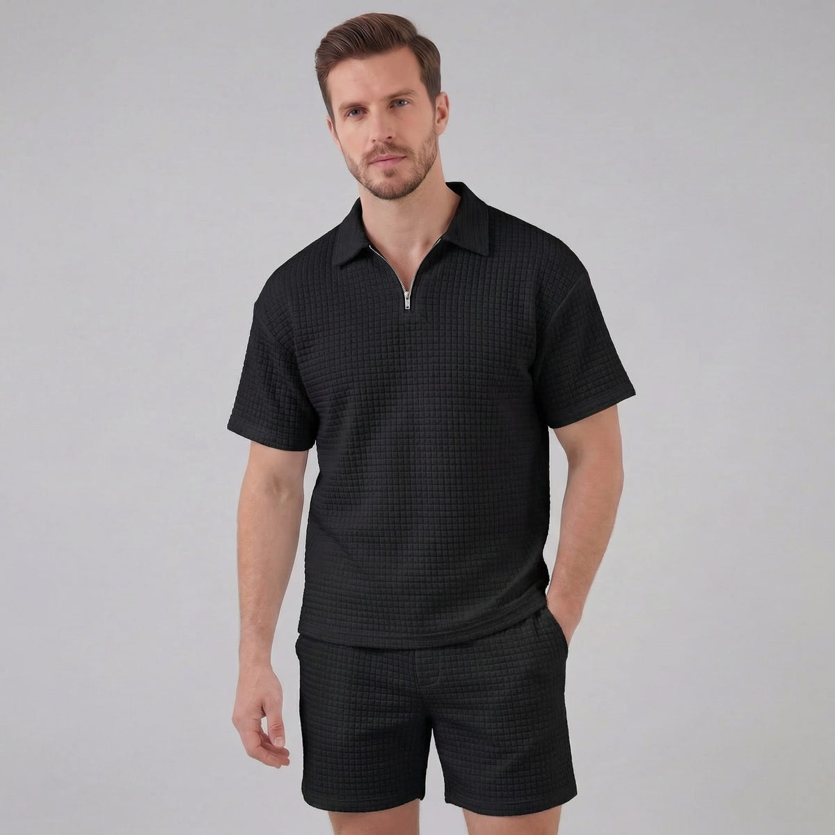 Easton Waffle Knit Half Zip Polo and Shorts Set_20